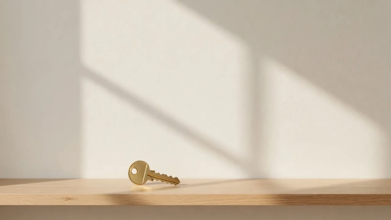 Soft daylight across a fresh wall with a brass house key at rest