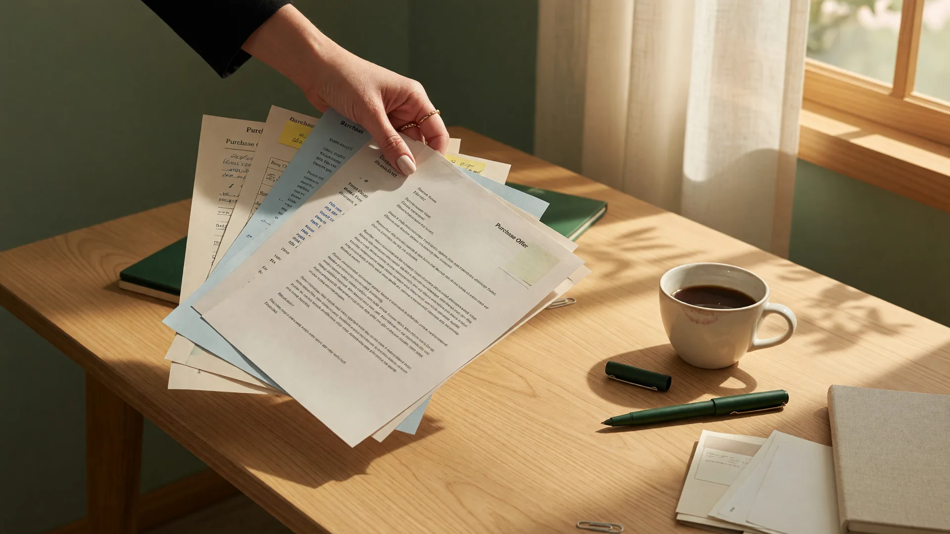 Real estate purchase offers on a desk with coffee and pen