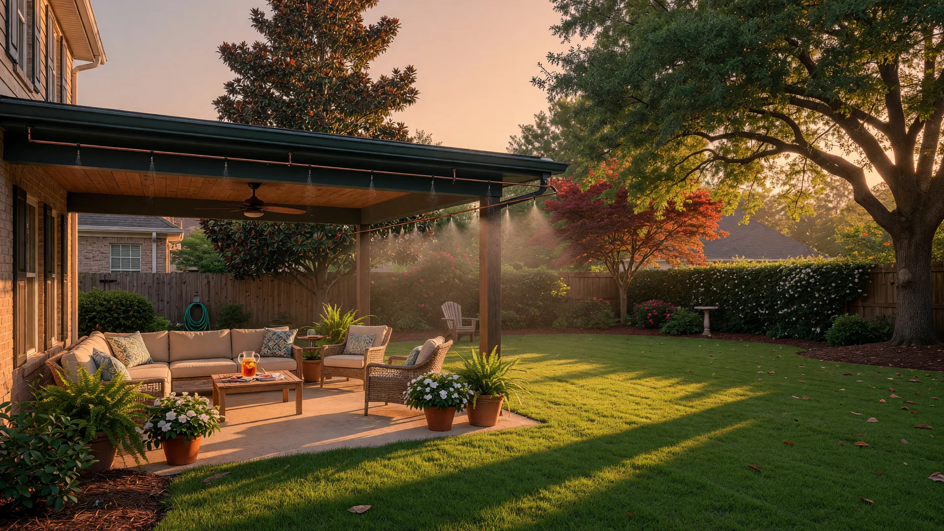 A Georgia backyard with a covered patio, green lawn, and an outdoor misting system at golden hour