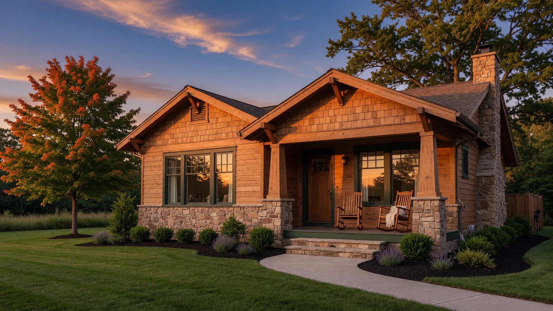 A beautiful new-construction craftsman home with a welcoming front porch at golden hour