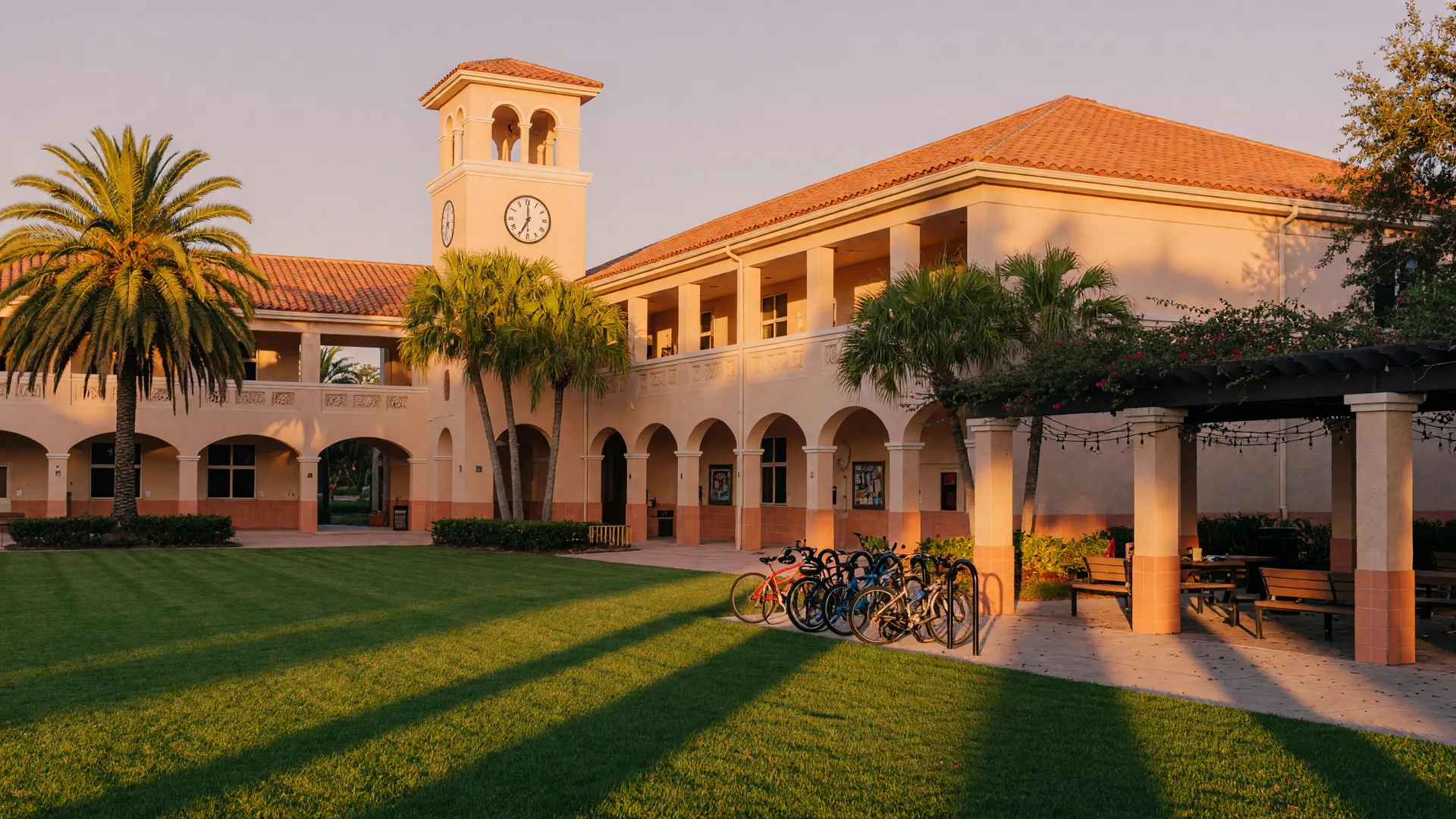 A modern Florida public school campus at golden hour with a Mediterranean-style stucco building, terracotta roof, clock tower, covered walkways, and palm trees