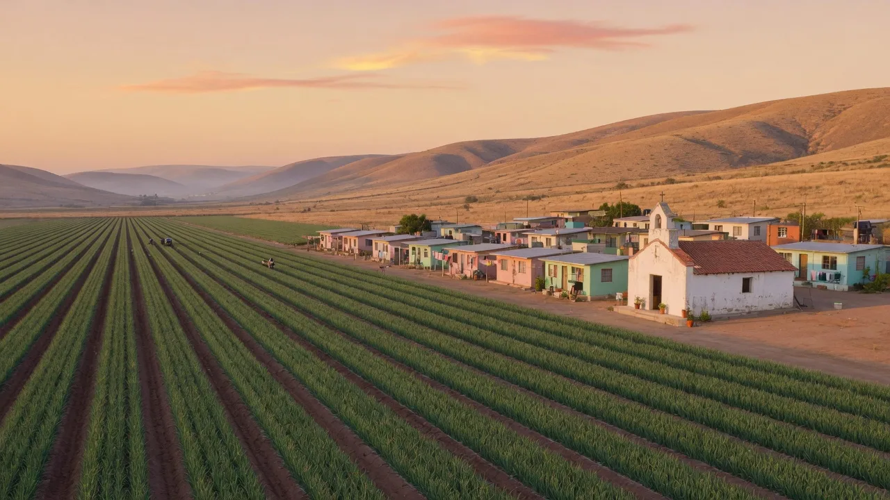Farm fields in the agricultural valleys east of Ensenada at golden hour, with a small white mission chapel among distant farmworker homes