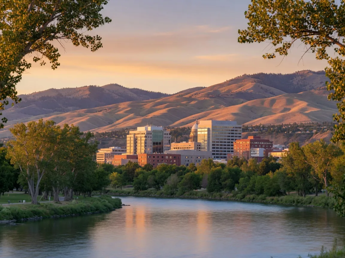 Downtown Boise at golden hour with the foothills behind it