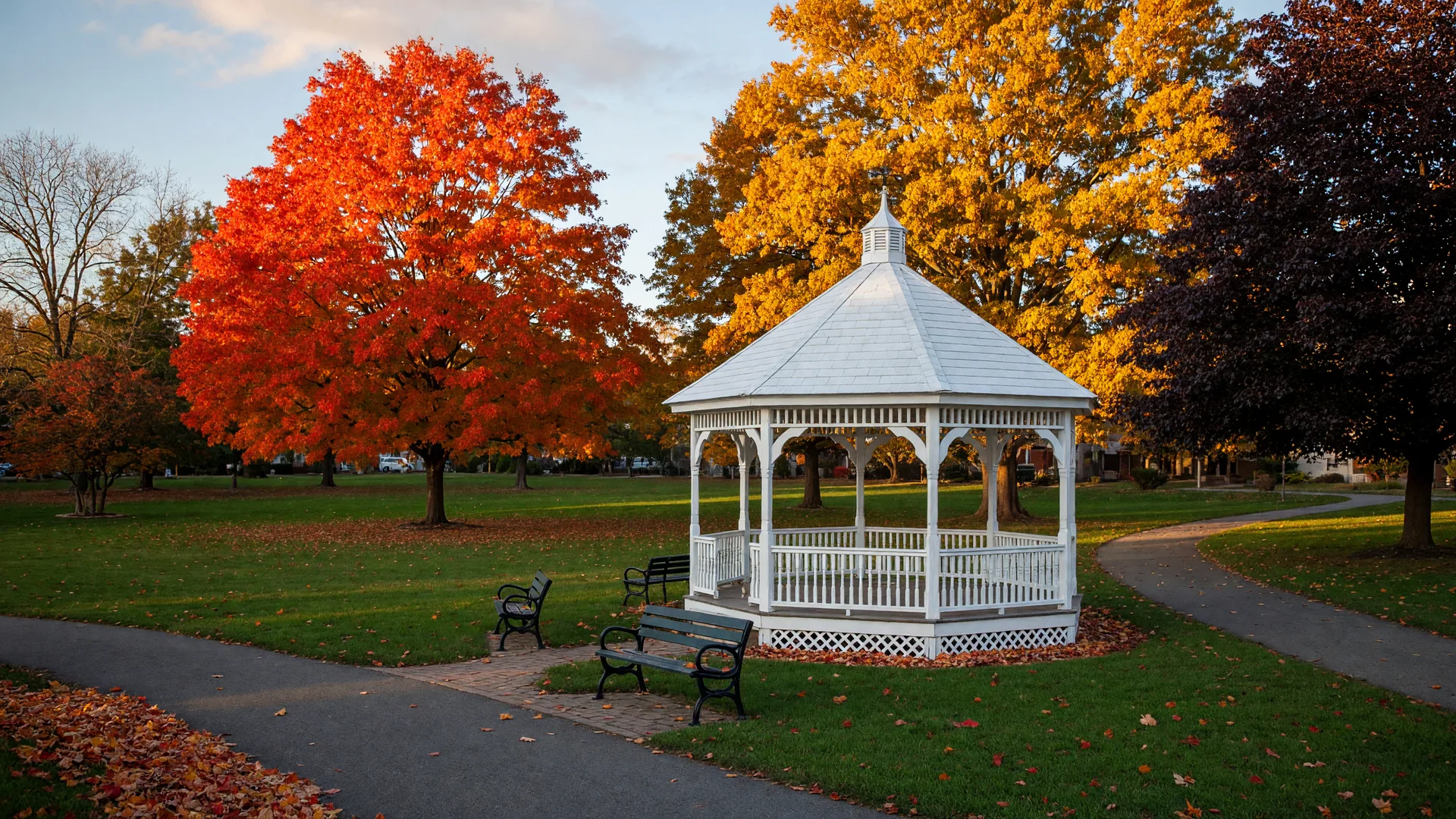 The gazebo at Parkside Place Park in North Wales surrounded by autumn trees