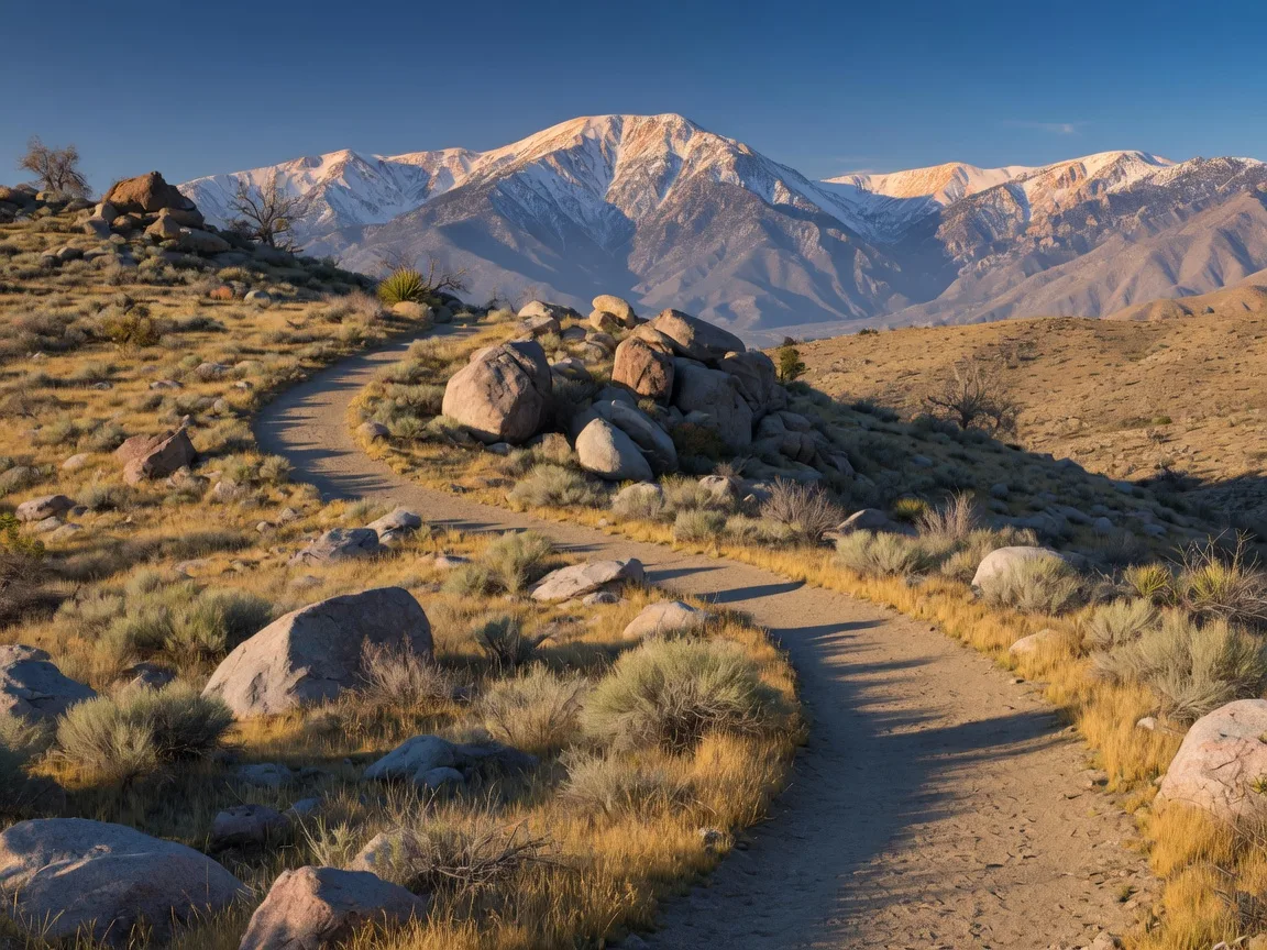 Hiking trail through San Gorgonio Pass foothills with the snow-capped San Jacinto Mountains behind
