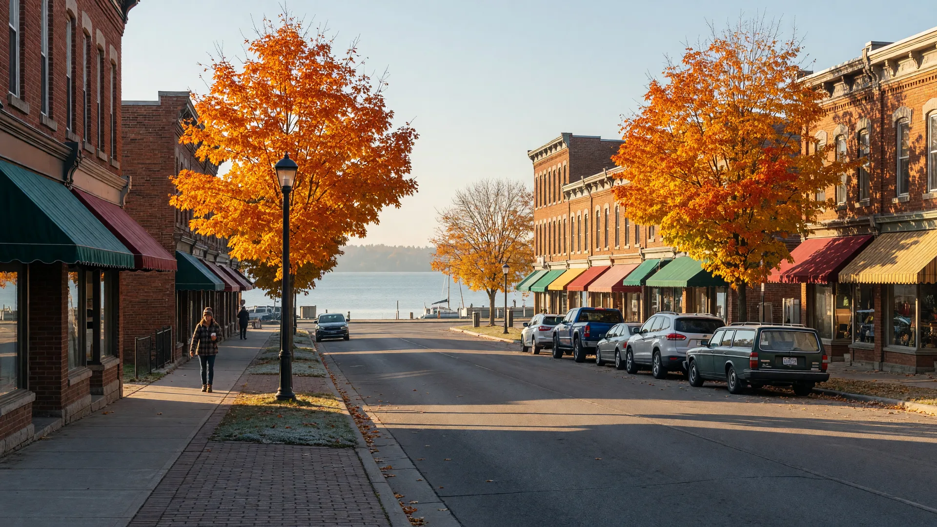 Queen Street, Port Perry's heritage main street, on a crisp October morning, with brick storefronts and maple trees in orange and gold leading down toward the Lake Scugog waterfront