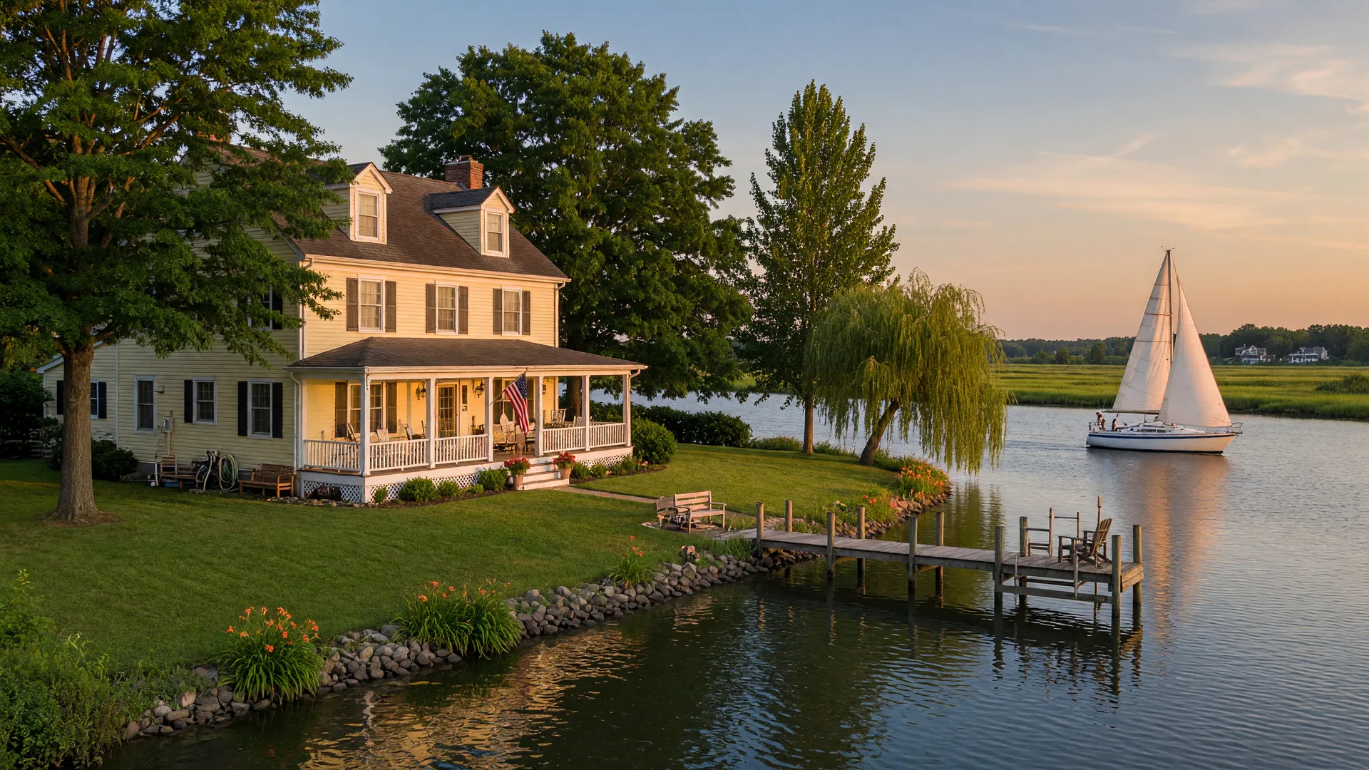 Colonial-style South Jersey waterfront home with a large porch, private dock, and sailboat on the river in warm golden hour light