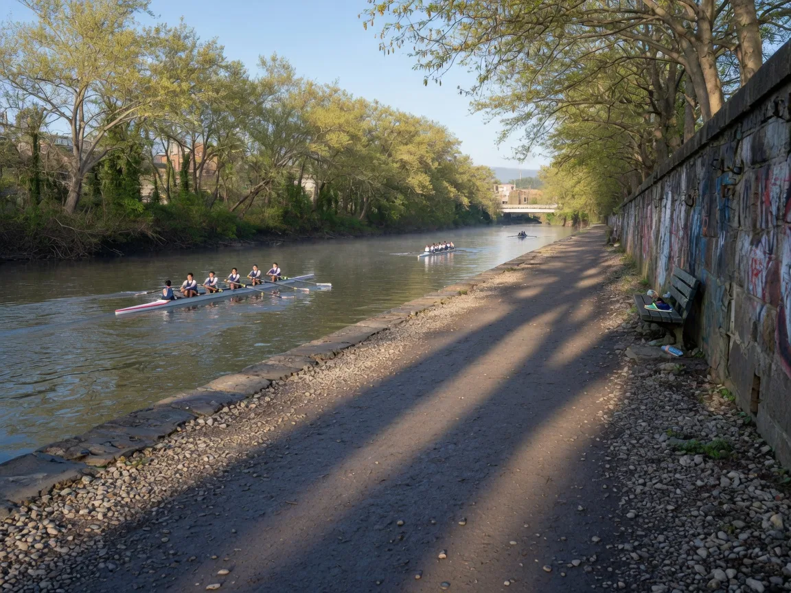 The packed towpath running beside the Schuylkill River and Manayunk Canal with trees and a rowing crew in the distance