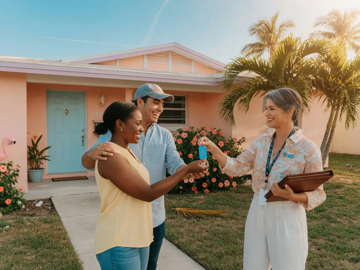 First-time home buyers receiving house keys from real estate agent in front of a South Florida home