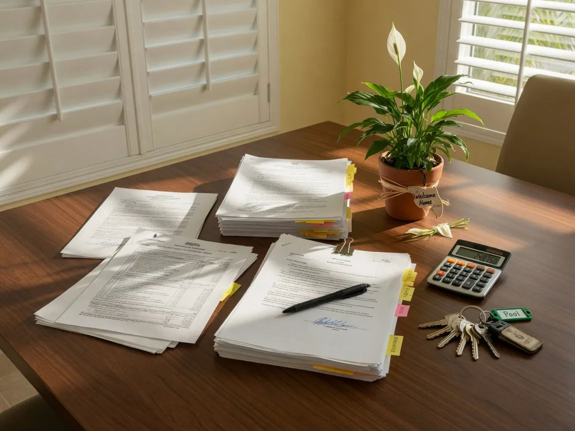 Real estate closing table with documents, keys, and calculator in Florida