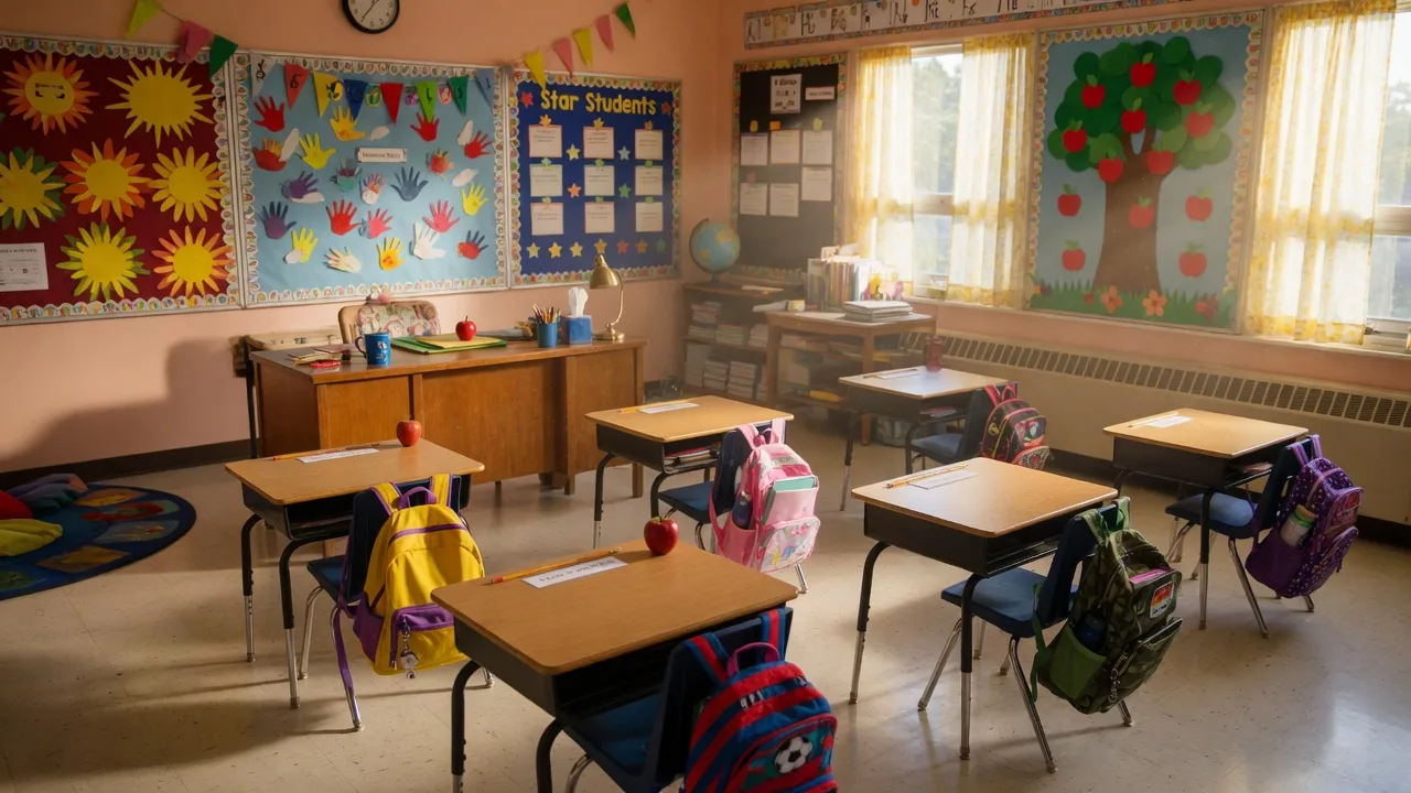 Bright and welcoming Georgia elementary school classroom with colorful bulletin boards, desks with backpacks, and sunlight streaming through windows