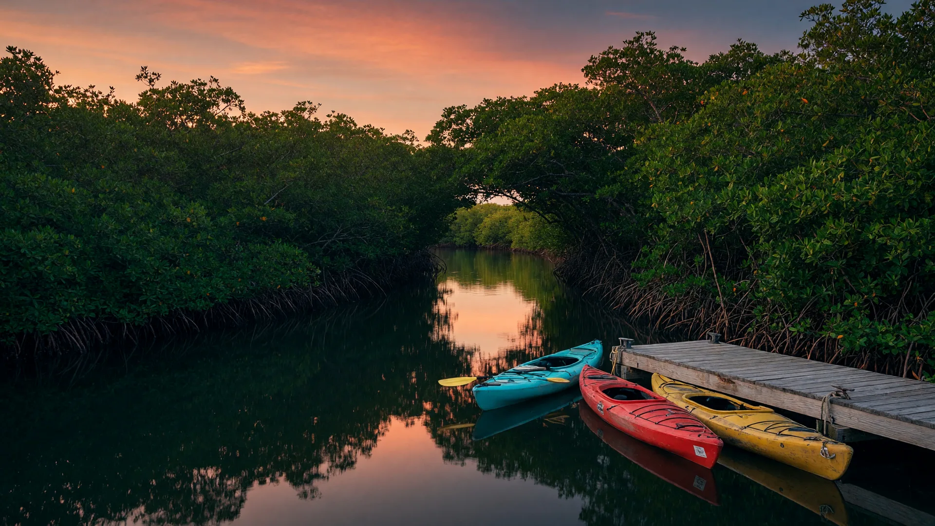 Mangrove-lined waterway at South Lido Park in Sarasota at sunset