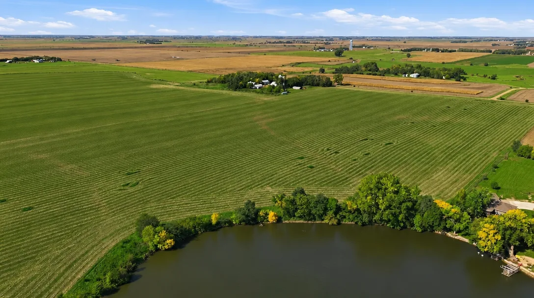 Aerial of a large lakefront parcel with a mature tree line along the shore