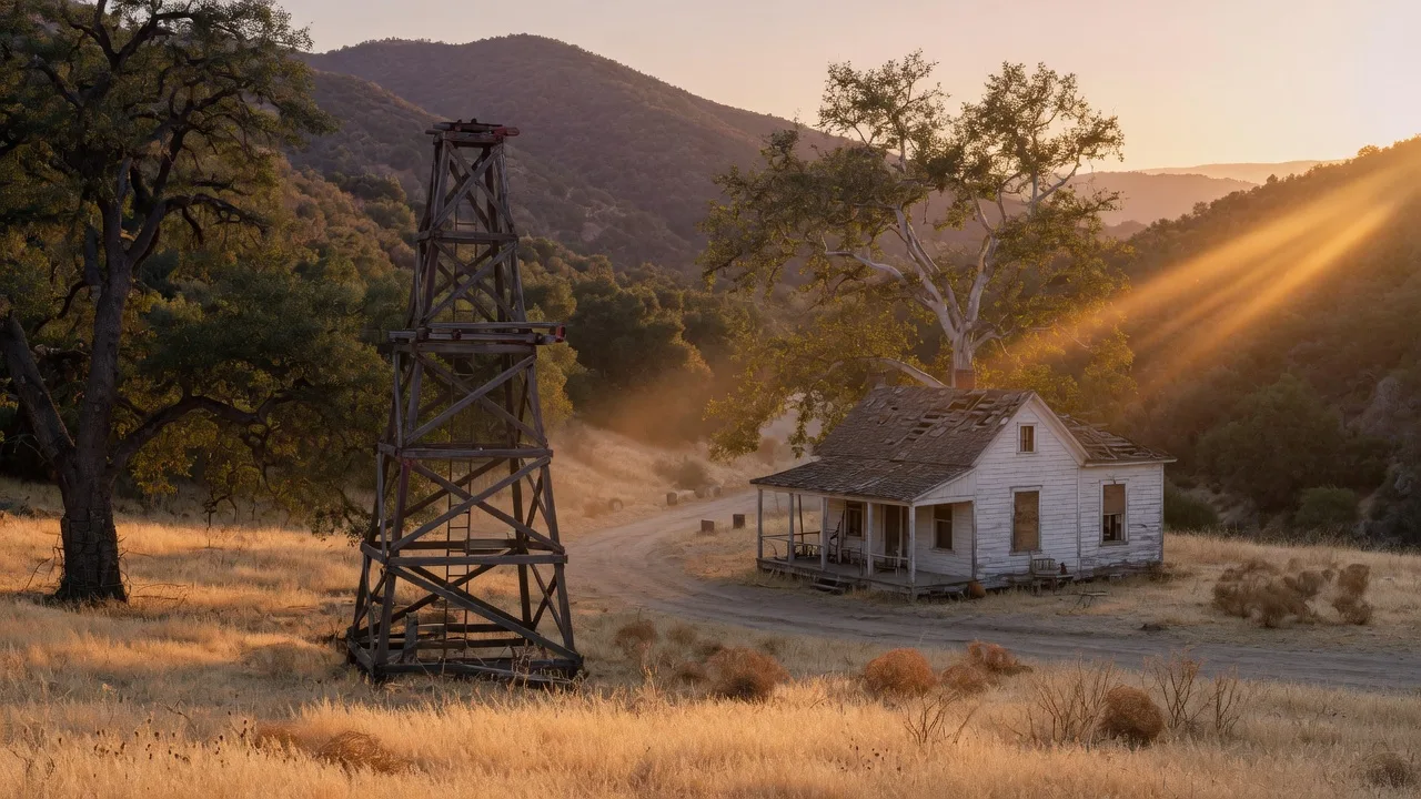 A weathered wooden oil derrick and a white saltbox house in a golden oak canyon at Mentryville ghost town near Santa Clarita