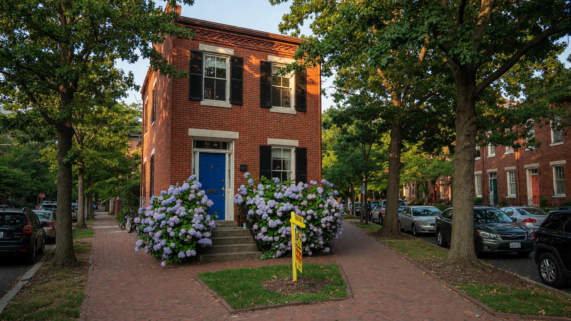 Historic brick row home in Washington DC's Capitol Hill neighborhood with a For Sale sign, blooming hydrangeas, and tree-lined street on a bright late summer morning