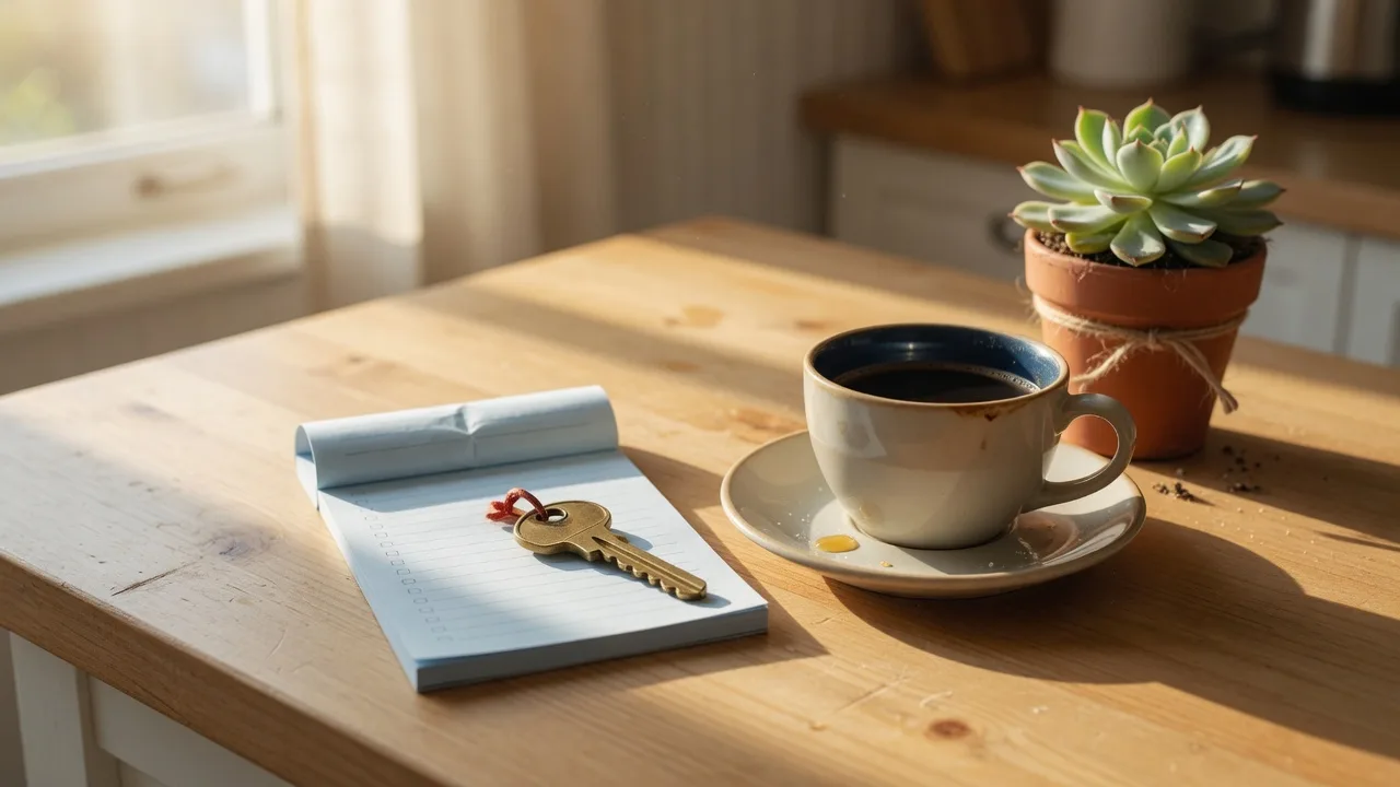 A brass house key resting on a light-blue checklist notepad with a coffee cup and a potted succulent on a sunlit kitchen counter, representing a first-time buyer who came back to the search and found the right place