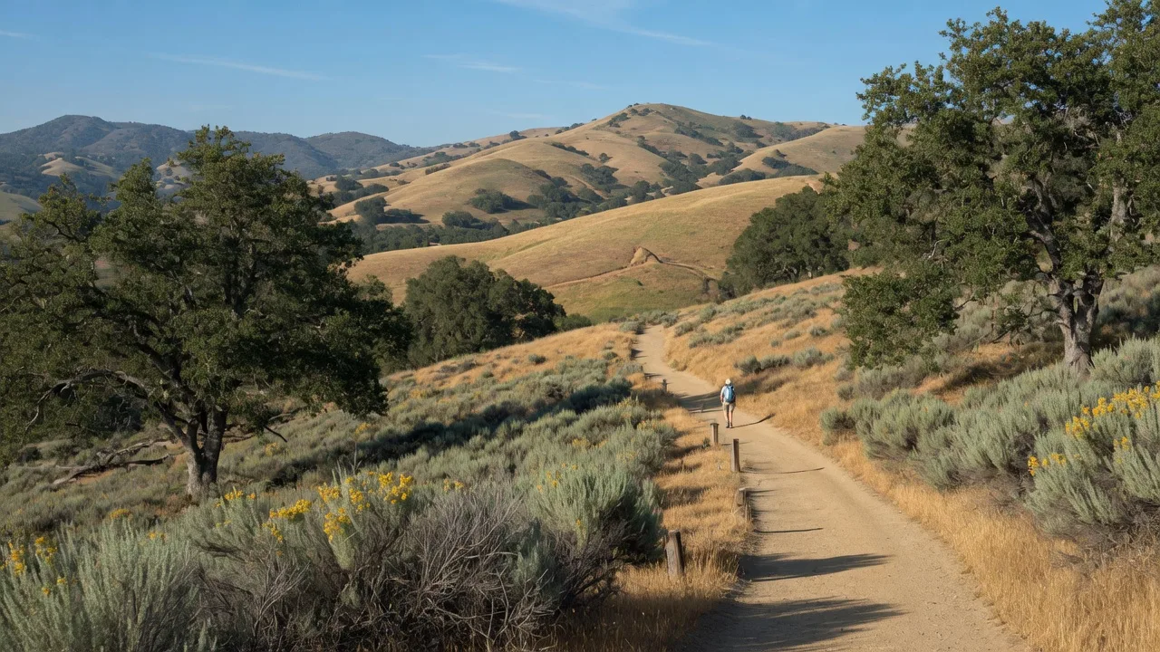 A sunny hiking trail winding through golden Southern California foothills near Murrieta with a distant hiker and native oaks