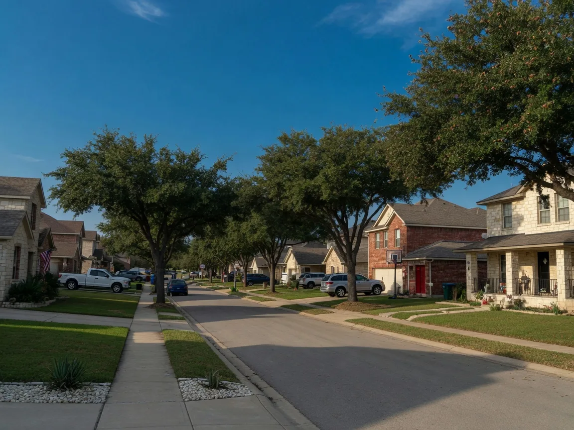 Established brick and stone homes on a tree-lined street in northeast San Antonio near Live Oak, Texas