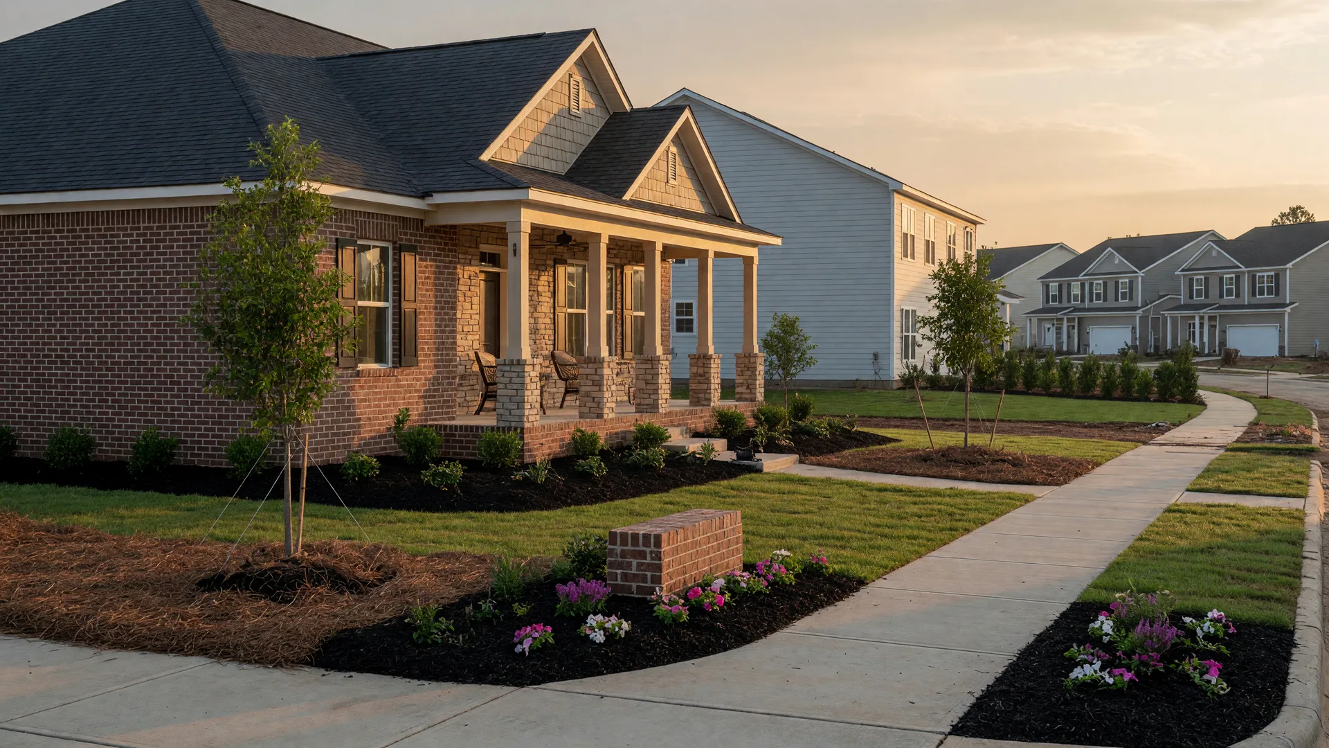 A model home and sales center in a Summerville new-construction community with wide sidewalks and fresh landscaping