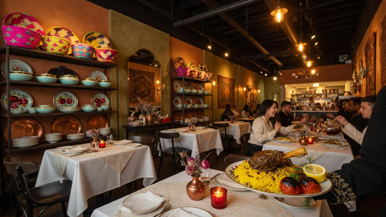 Elegant Persian restaurant interior in Johns Creek Georgia with industrial-chic decor warm ambient lighting and beautifully plated dishes