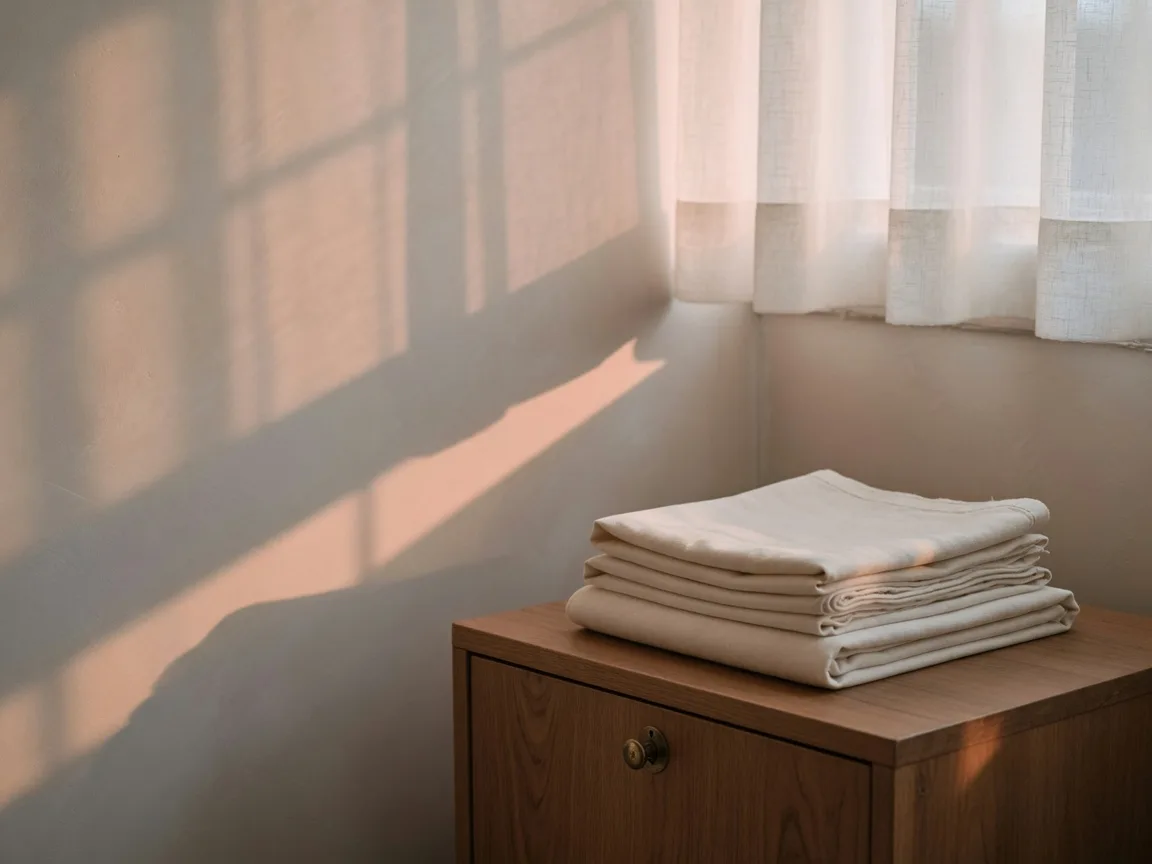 Soft morning light on a beige wall beside a wood cabinet with a brass knob