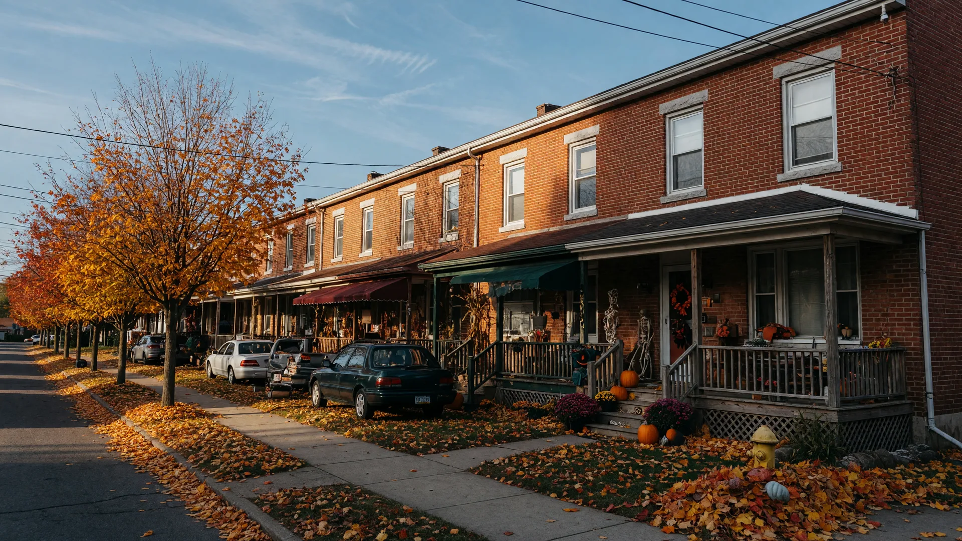 Brick twin homes on a North Catasauqua street on a crisp late-October morning with golden maples, pumpkins, mums, and Halloween decorations on the porches