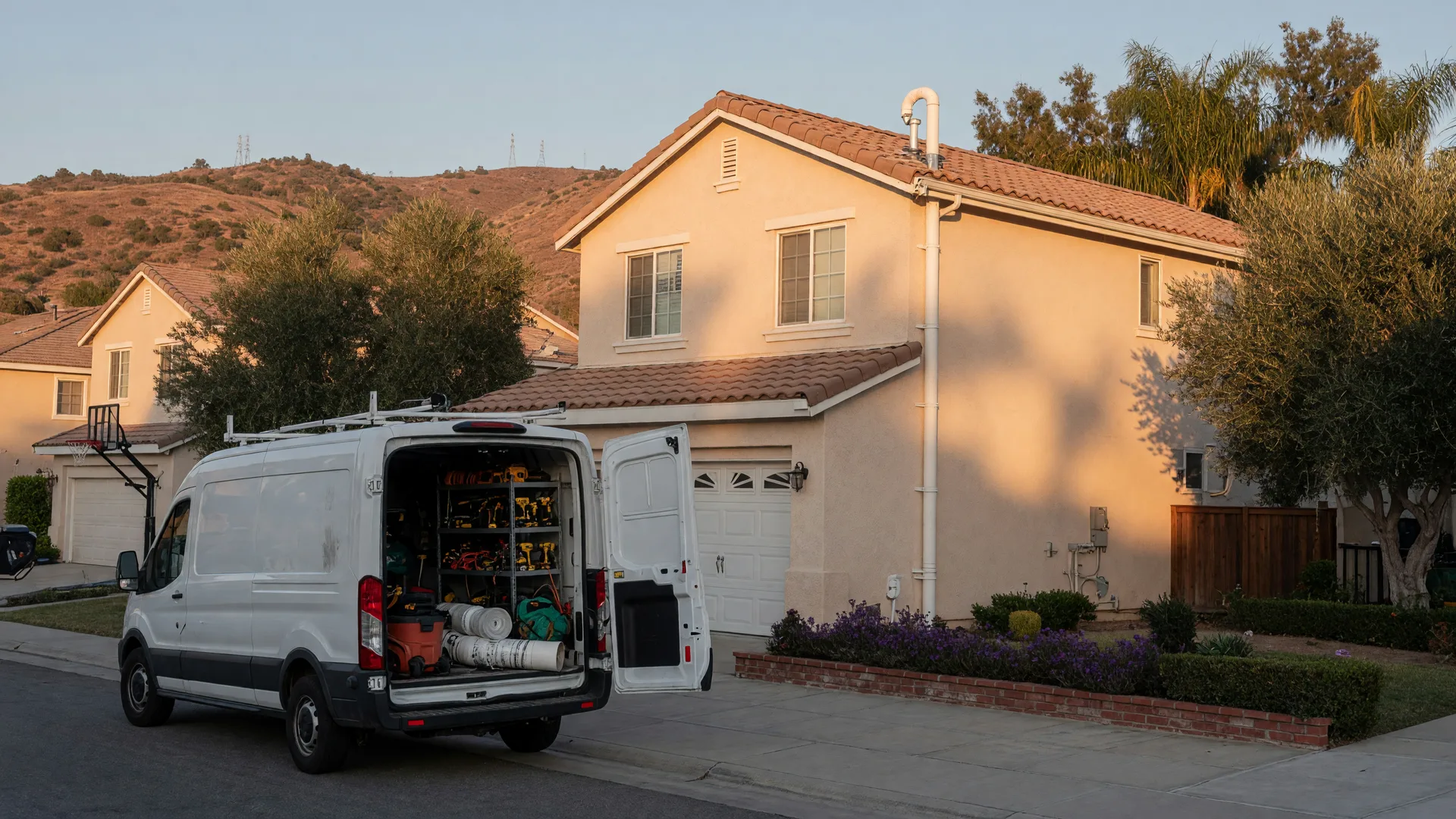 A tidy Southern California suburban home in late-afternoon light with a white contractor van in the driveway and a fresh radon mitigation vent pipe running up the stucco wall