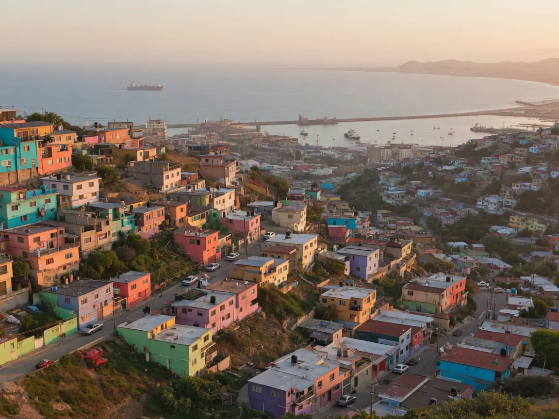 Colorful hillside homes of Ensenada, Mexico above the Bay of All Saints in late-afternoon light