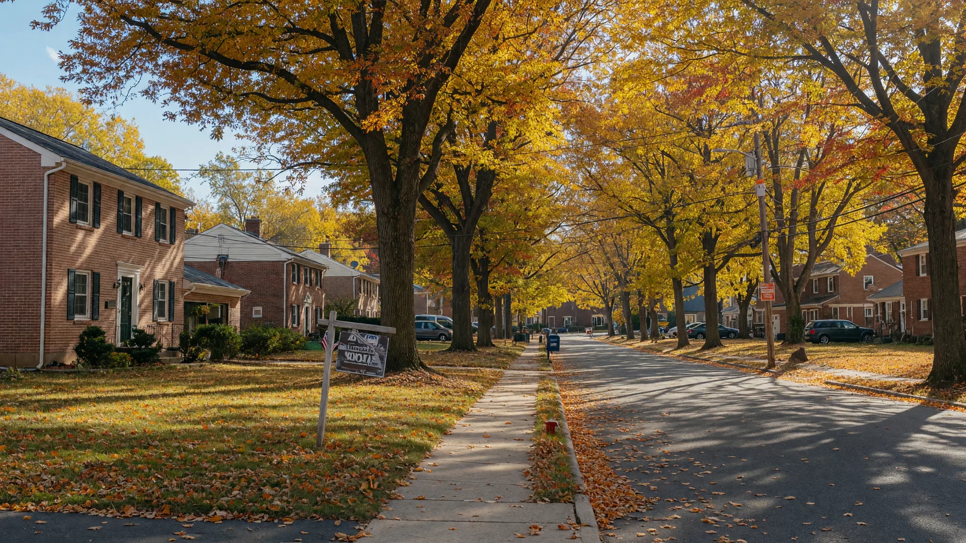 Una calle residencial tranquila en un suburbio de Maryland en una tarde de otoño, que simboliza los hogares familiares involucrados en bienes raíces sucesorios