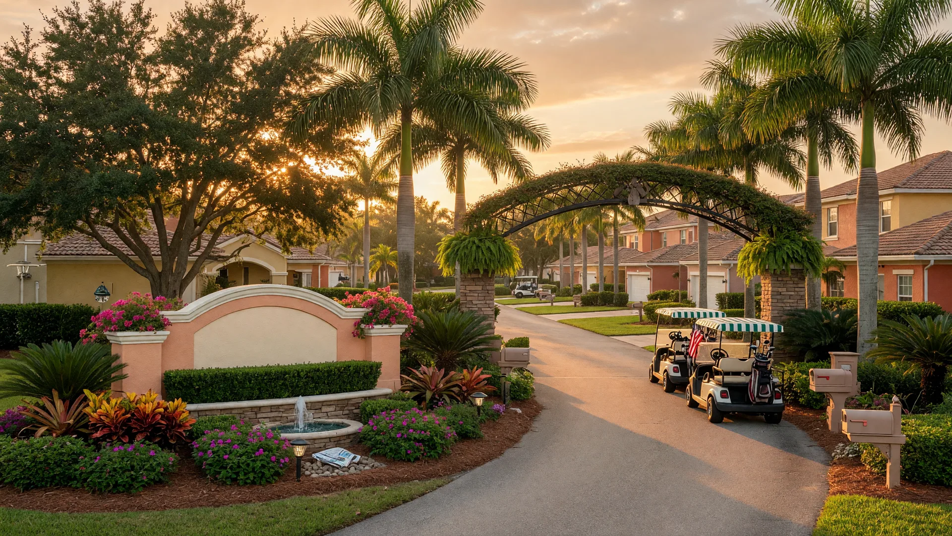 Welcome to The Villages, Florida community entrance with palm trees and a golf cart path in golden light