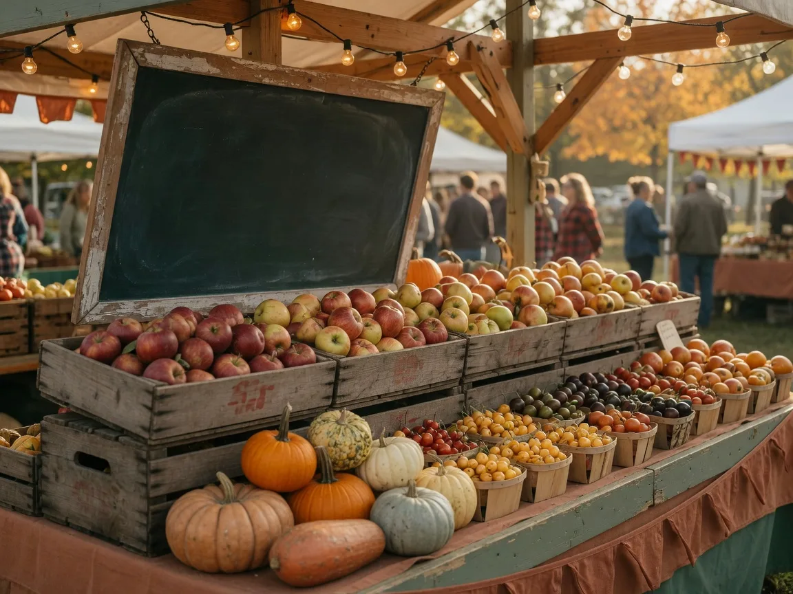 Wooden crates of heirloom apples and pumpkins at a North Carolina fall farmers market stall under string lights in warm morning light