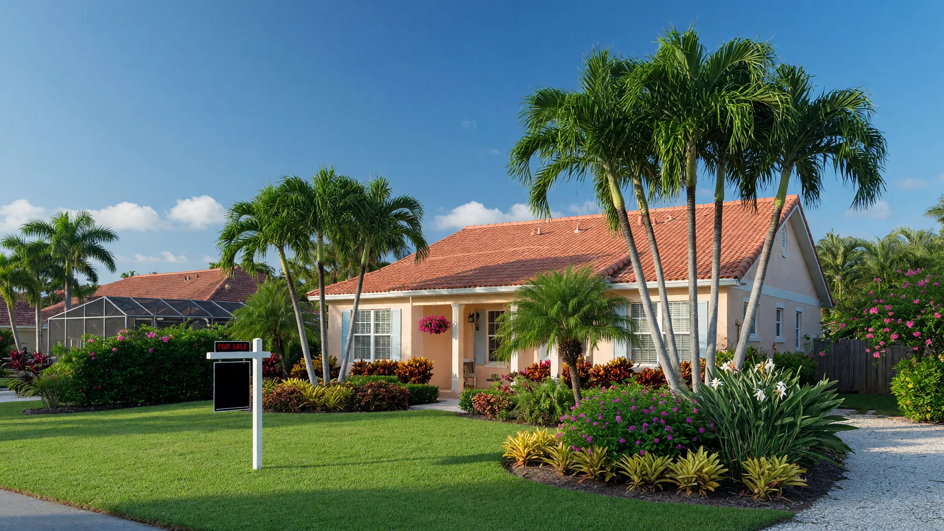 A single-family home in a Sarasota coastal neighborhood with a For Sale sign, terracotta roof, and tropical landscaping on a bright summer morning