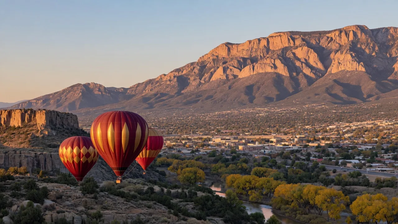 Hot air balloons in crimson and gold drift over the high desert with the Sandia Mountains glowing in the morning light near Albuquerque, New Mexico