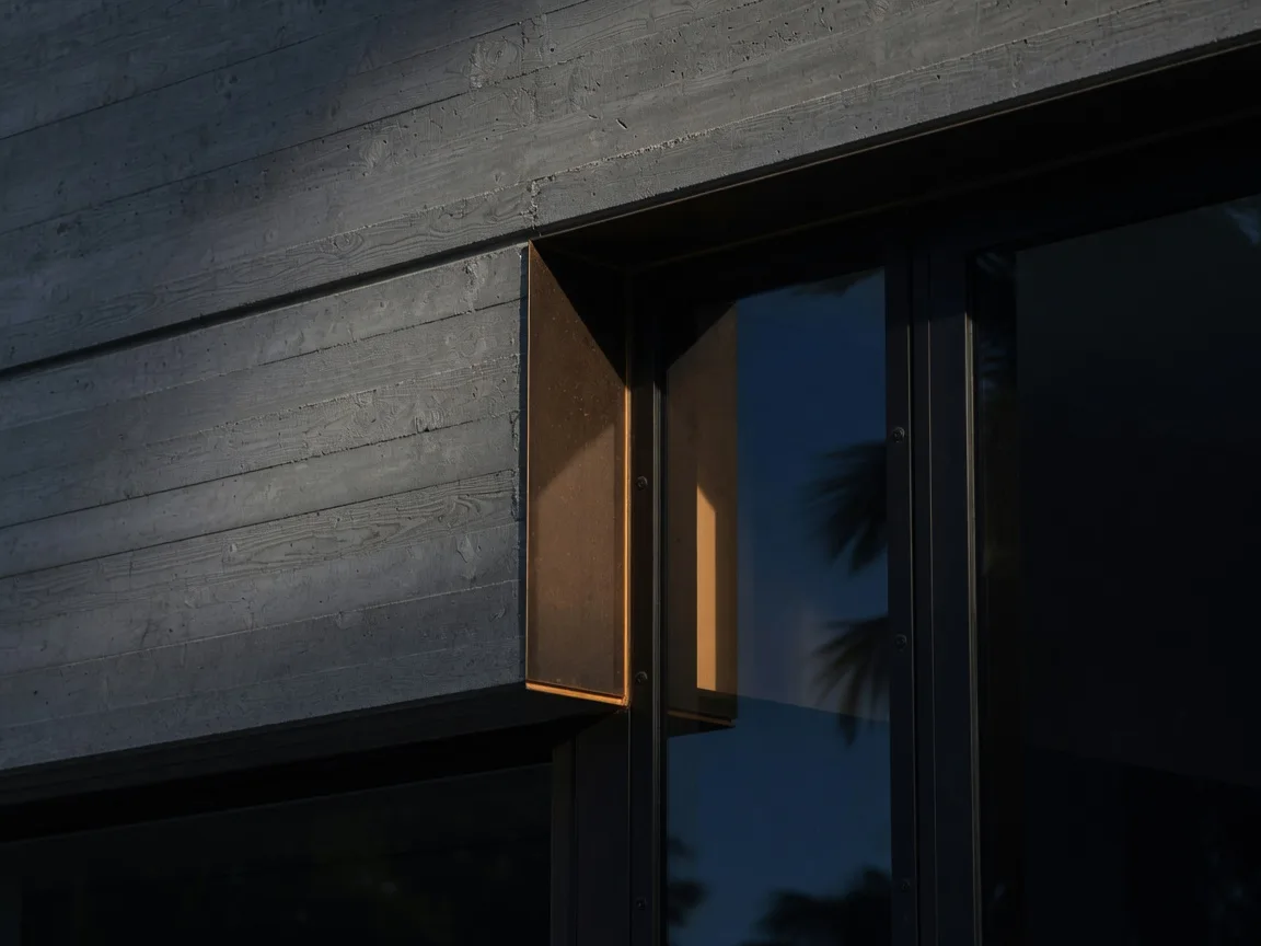Modern coastal architecture detail of concrete, bronze trim, and glass at dusk