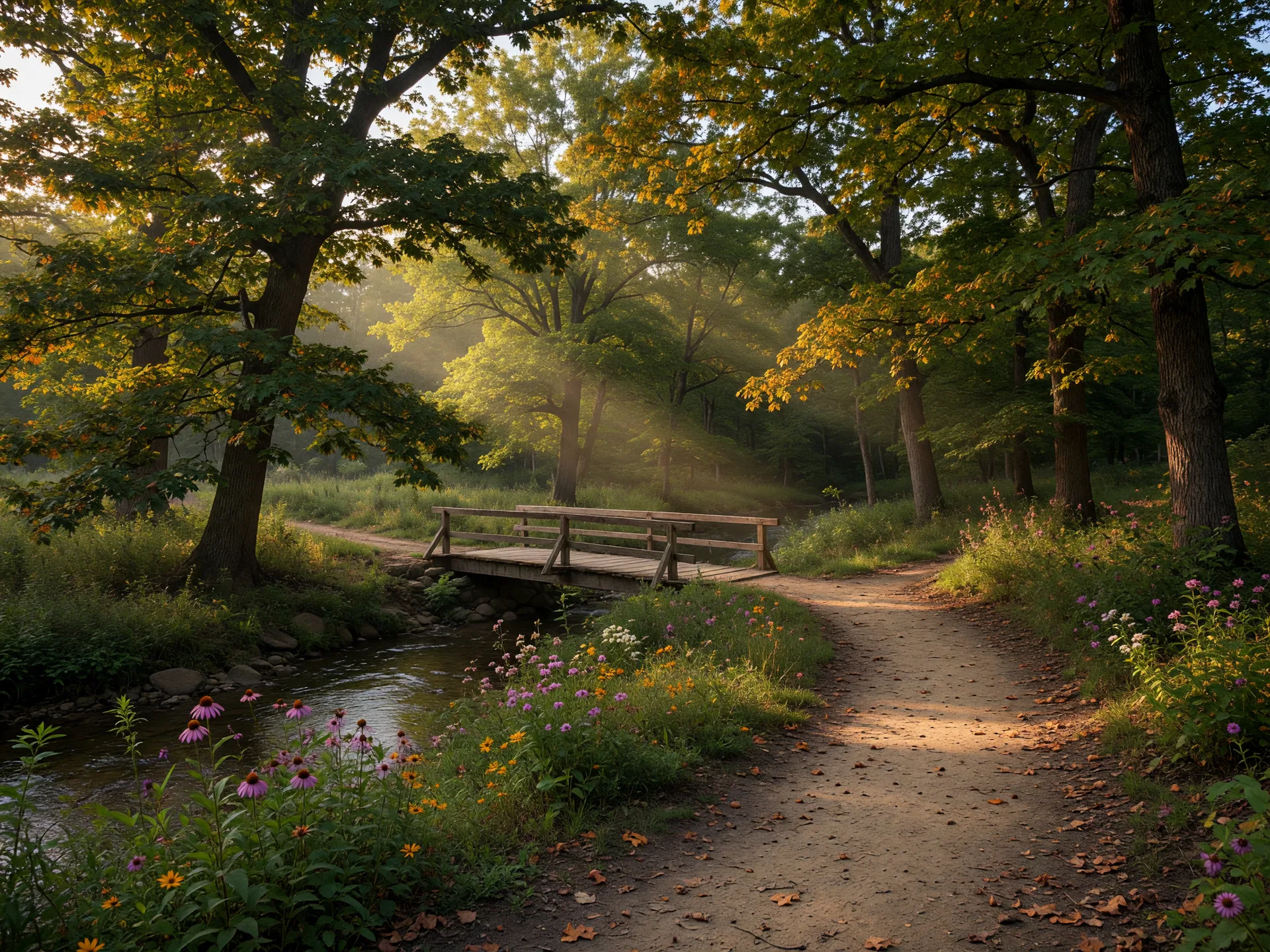 A peaceful wooded trail winding through Bill Yeck Park in Centerville Ohio with dappled sunlight filtering through mature oak and maple trees