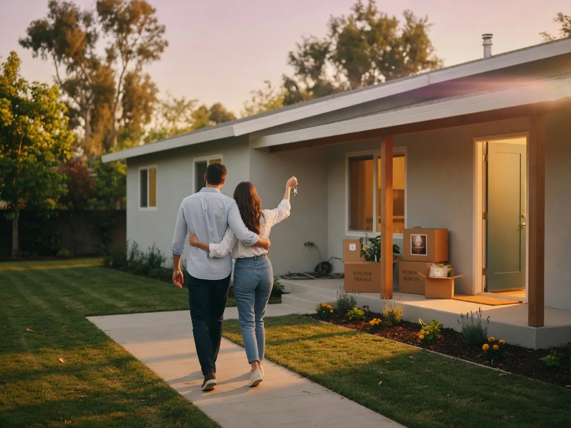 A couple walking up the front path of their new home at golden hour, keys in hand