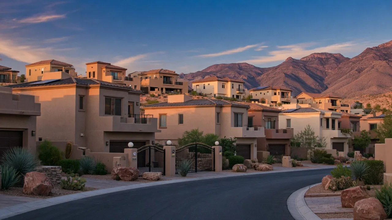 An upscale gated single-family neighborhood in southwest Las Vegas at golden hour, with desert landscaping and a distant mountain range