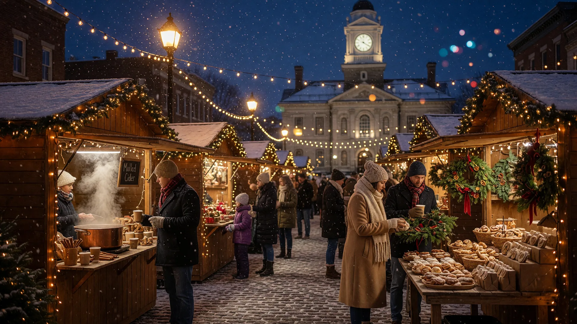 A night holiday market on a small-town square with warmly lit vendor stalls, string lights, and bundled shoppers