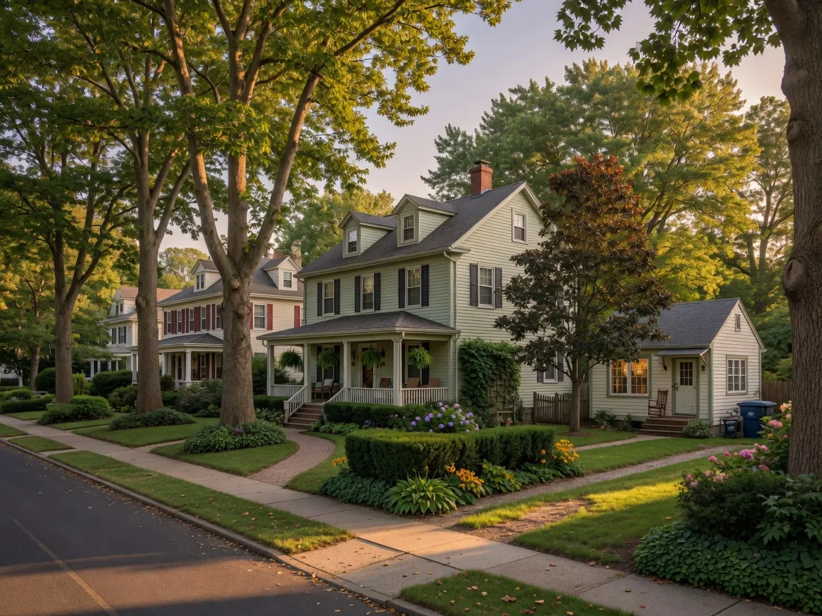 Tree-lined residential street in Montclair NJ with a single-family home and a detached backyard cottage or accessory dwelling unit visible behind it