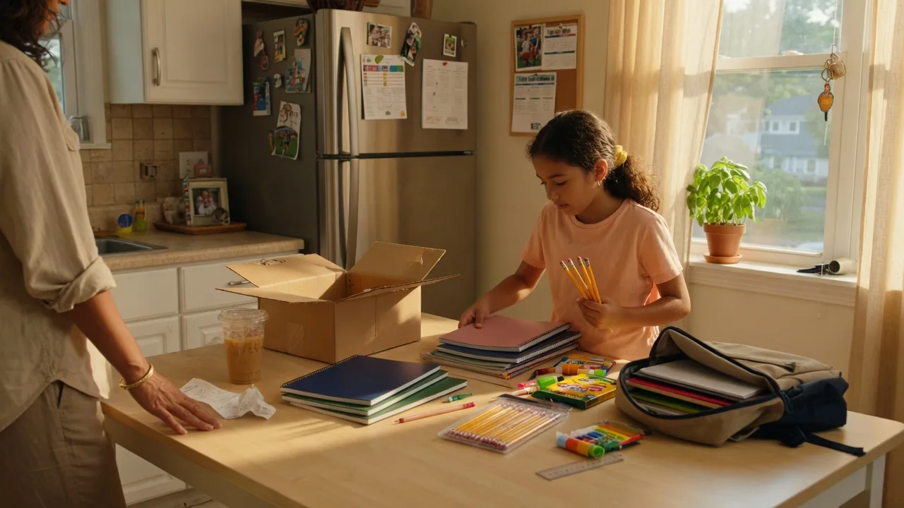 Young student organizing notebooks and school supplies on a kitchen table in a bright suburban home on a late summer afternoon