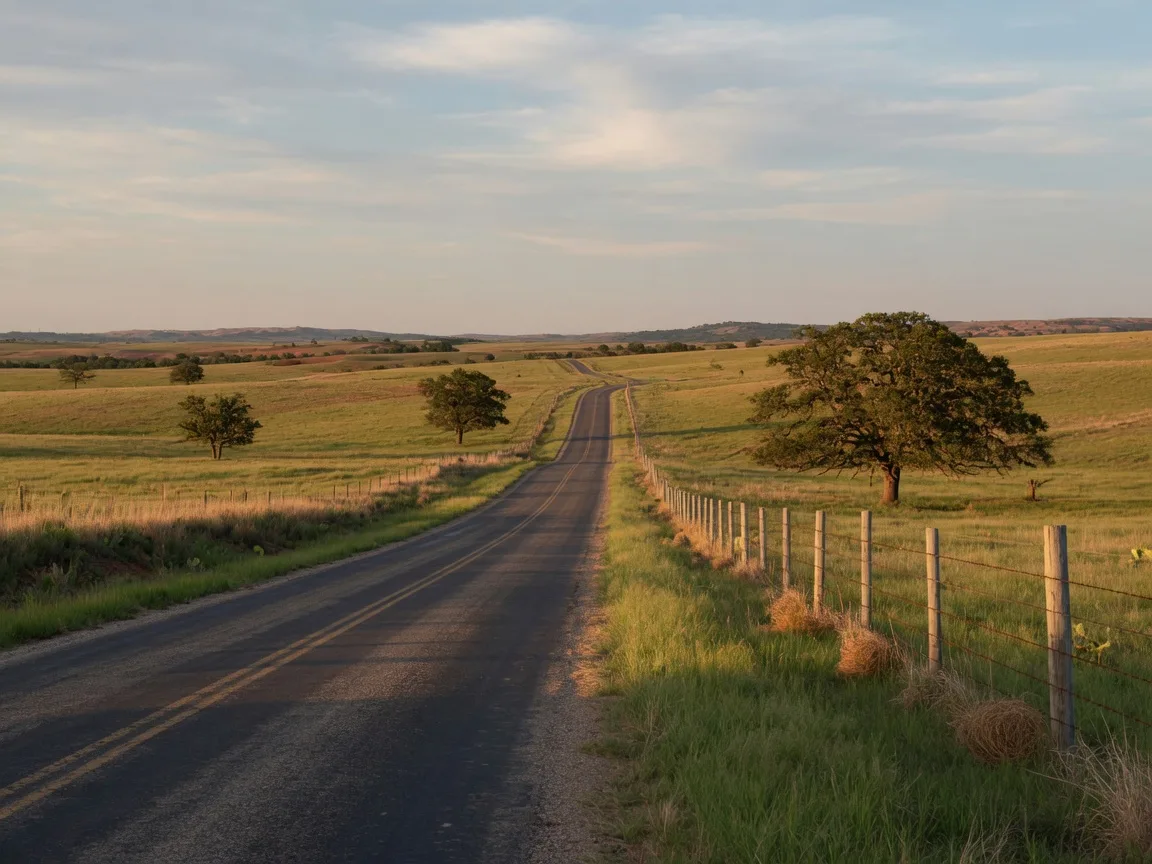 Quiet Oklahoma country road crossing rolling prairie in late-afternoon light