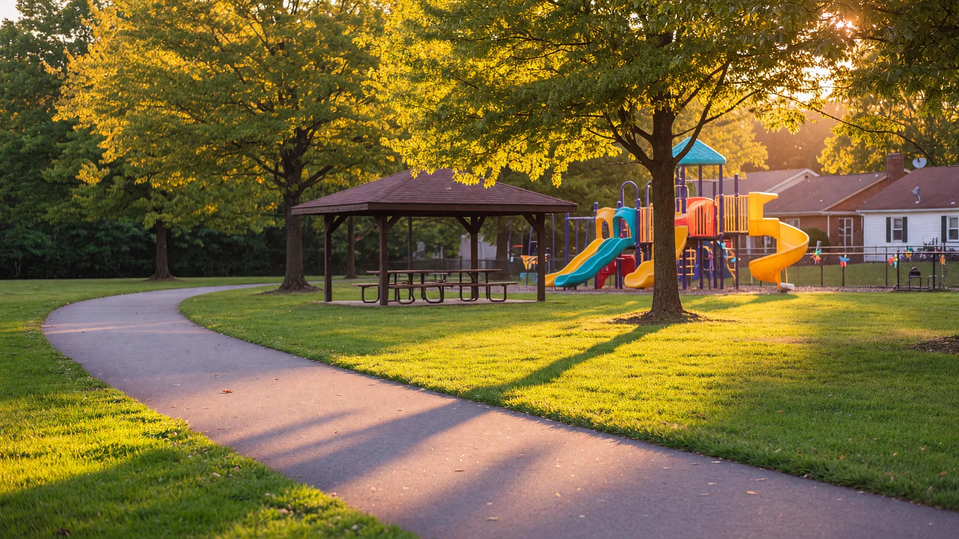 Golden-hour view of a Manassas Park community park with walking trail, trees, and picnic shelter