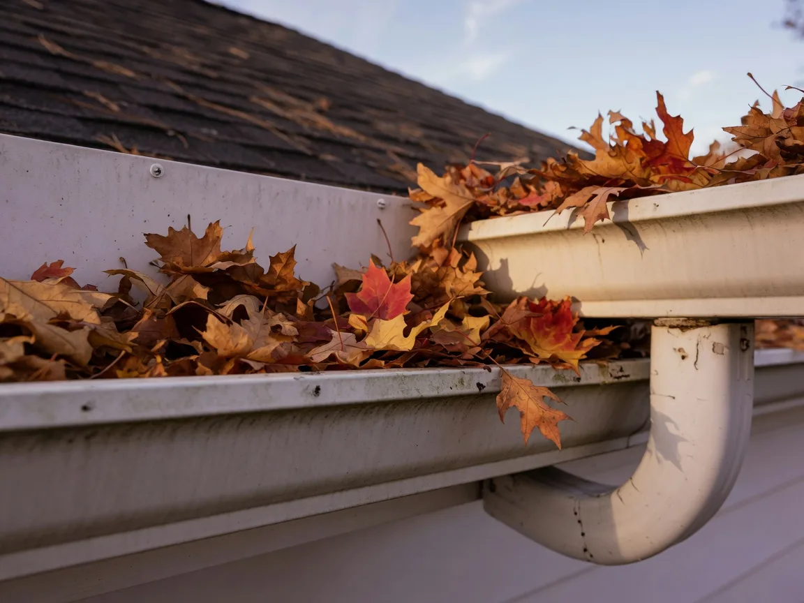 Close-up of a residential gutter packed with dried oak and maple leaves in late-afternoon light