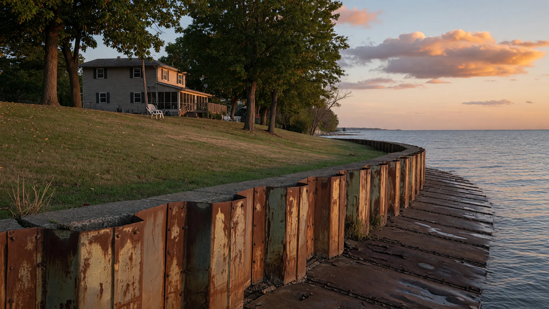 Steel sheet pile seawall along a Lake Erie shoreline in Lake County, Ohio at golden hour, with a lakeside home behind it
