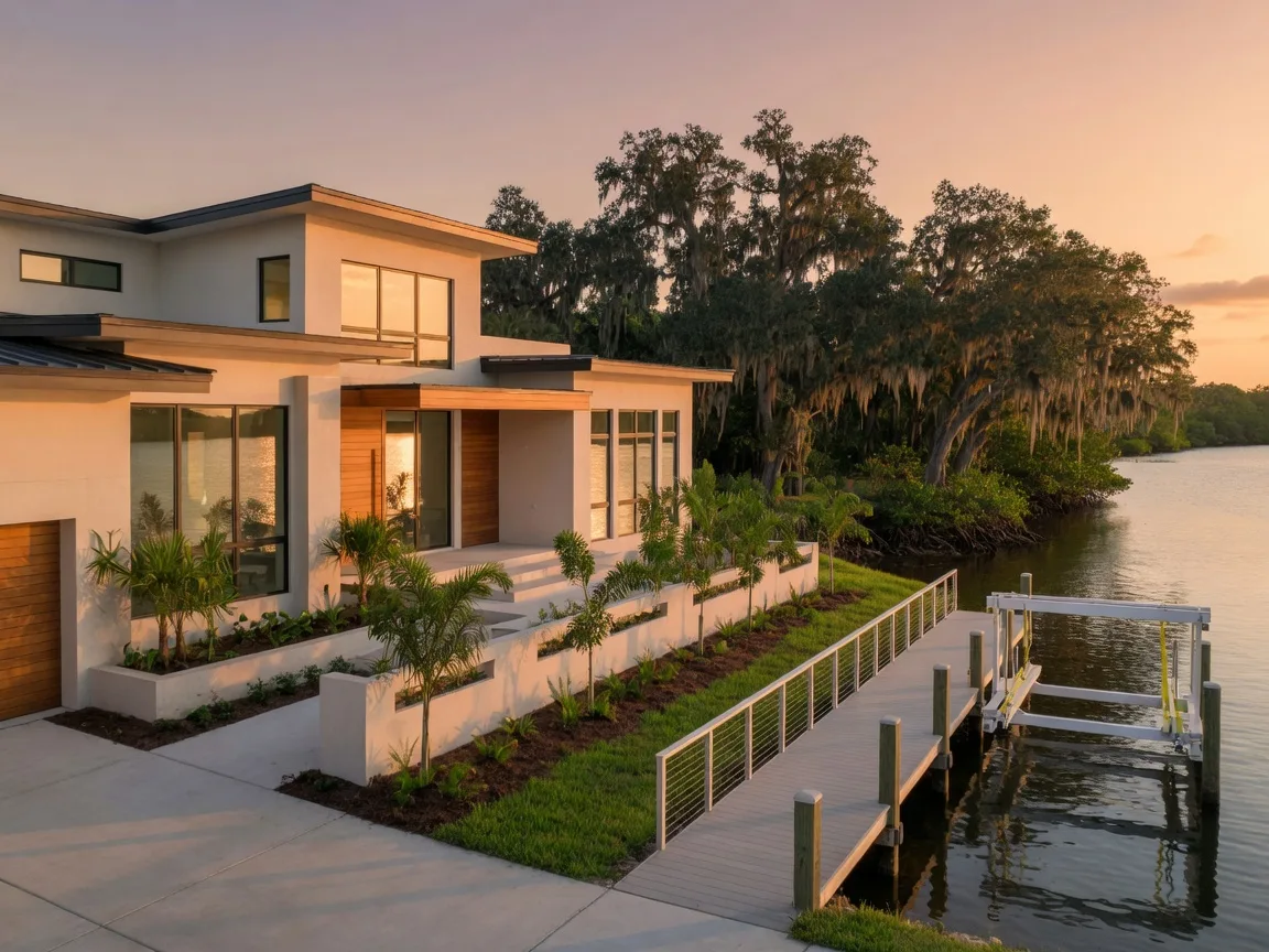 Modern waterfront construction with a private dock set among live oaks in an established Fort Myers setting
