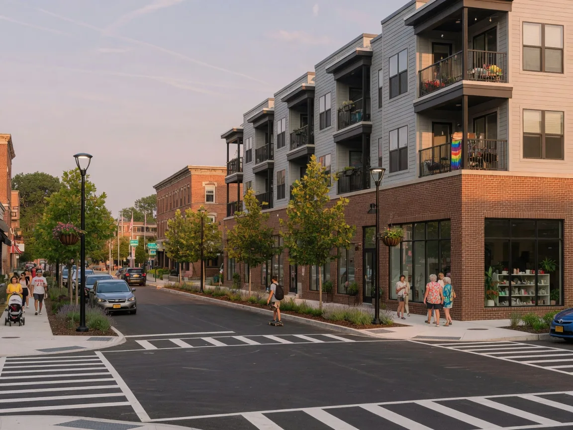 A newly developed mixed-use building with ground-floor retail and apartments in a revitalized New Jersey downtown on a warm summer afternoon
