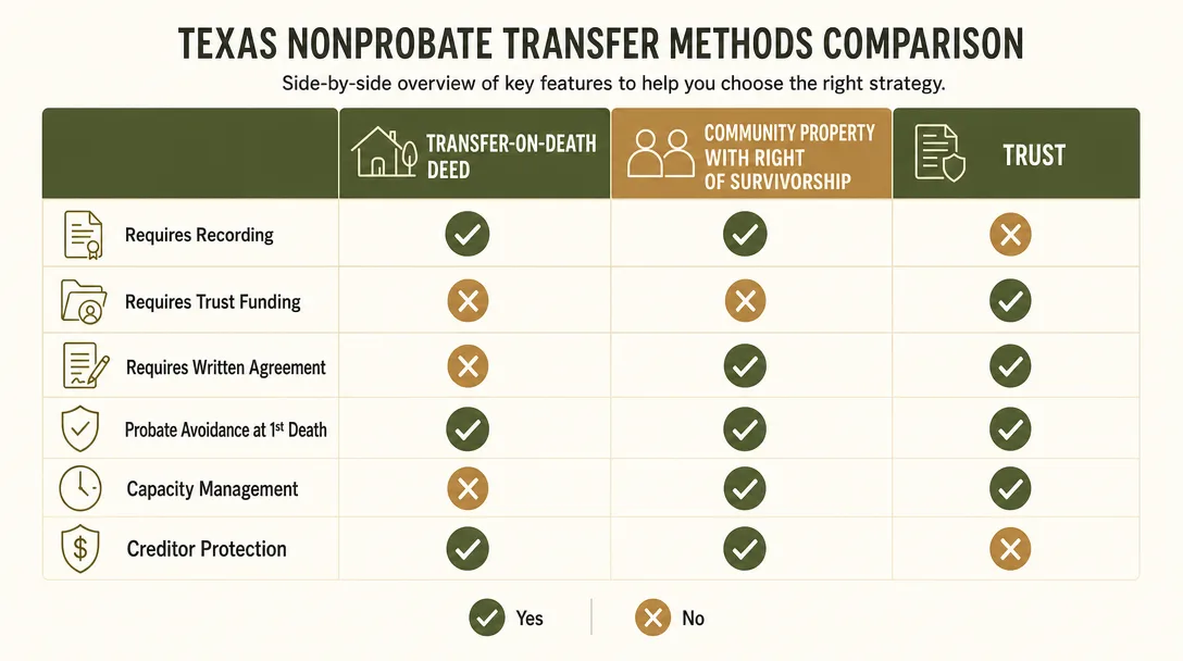 Summary comparison of three Texas nonprobate transfer methods; full qualified text appears in the table below.