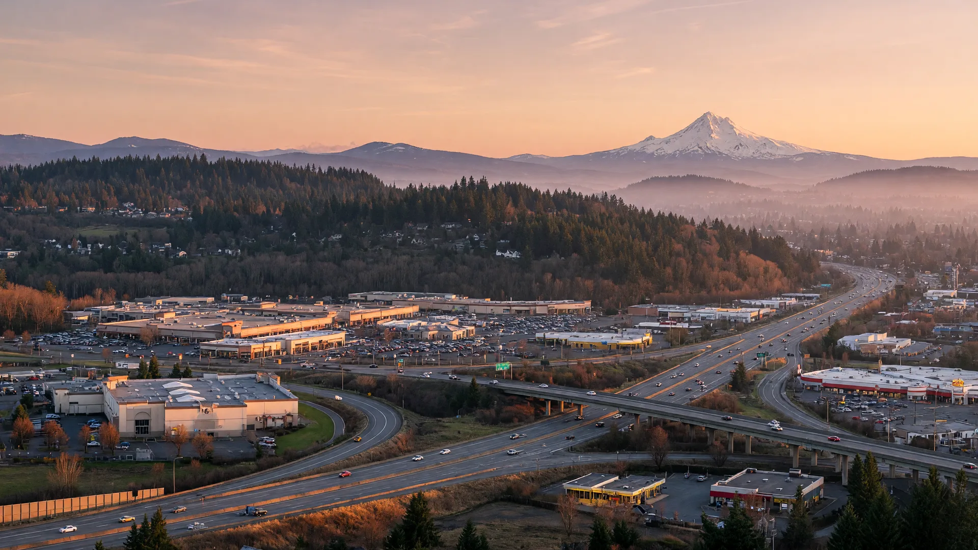 The Clackamas, Oregon area at golden hour with the Clackamas Town Center, evergreen hills, and Mount Hood on the horizon