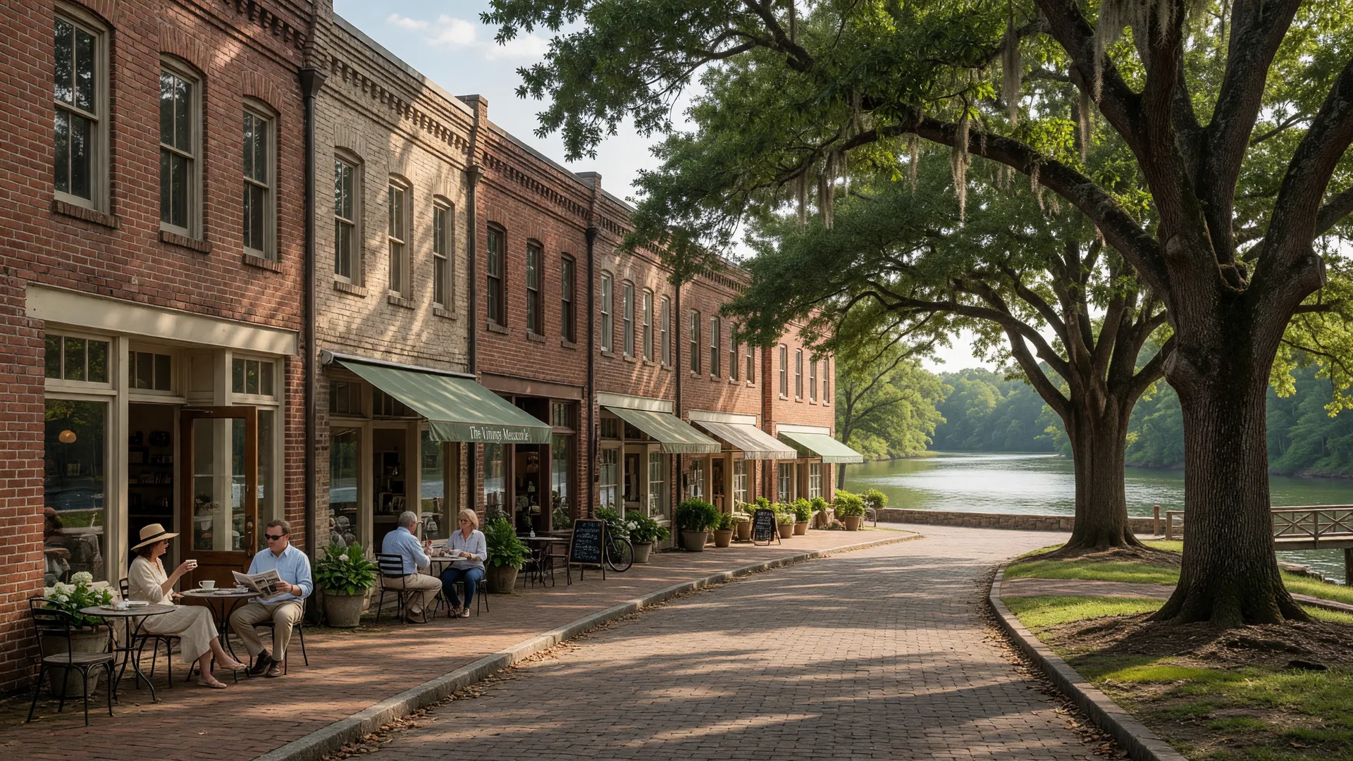 Historic Vinings Village street scene and riverfront, Cobb County Georgia.