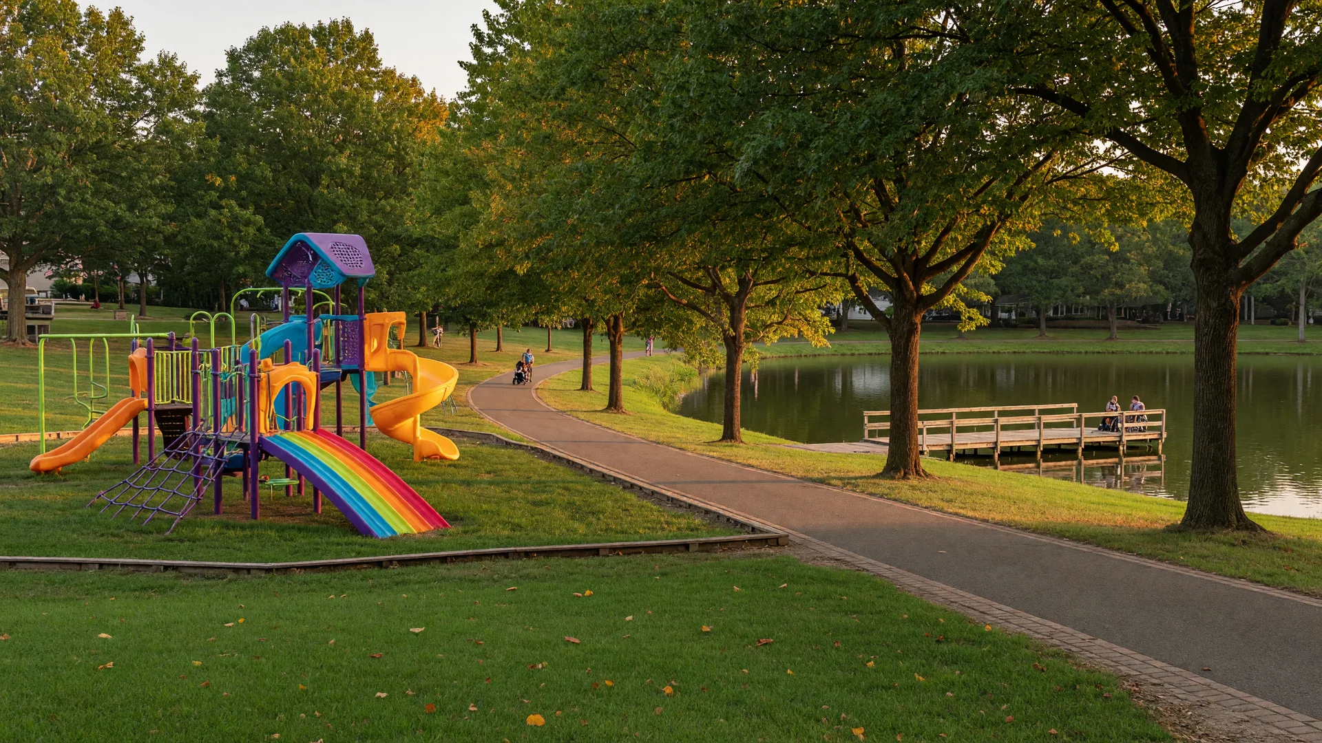 A sunny community park in Mount Laurel with a colorful playground, a pond and a fishing pier